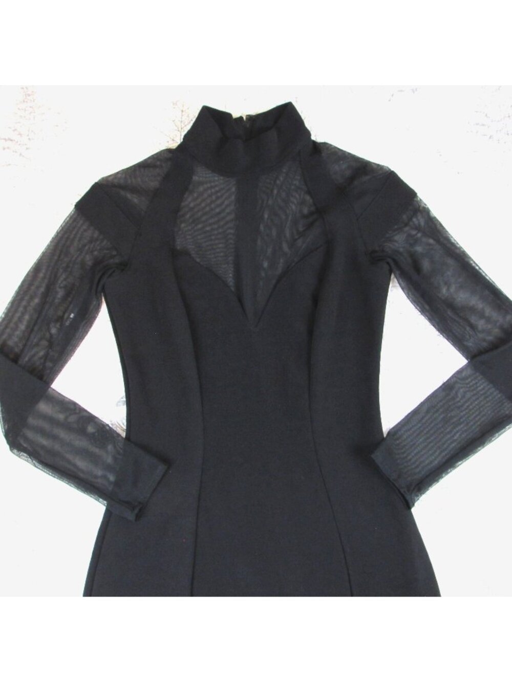 Vntg Tadashi Shoji black knit gownsheer long slv illusion formal dress womens 4